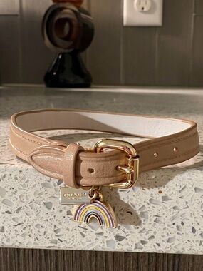 Coach  Tan Leather Dog collar smal with Pastel Rainbow Charm